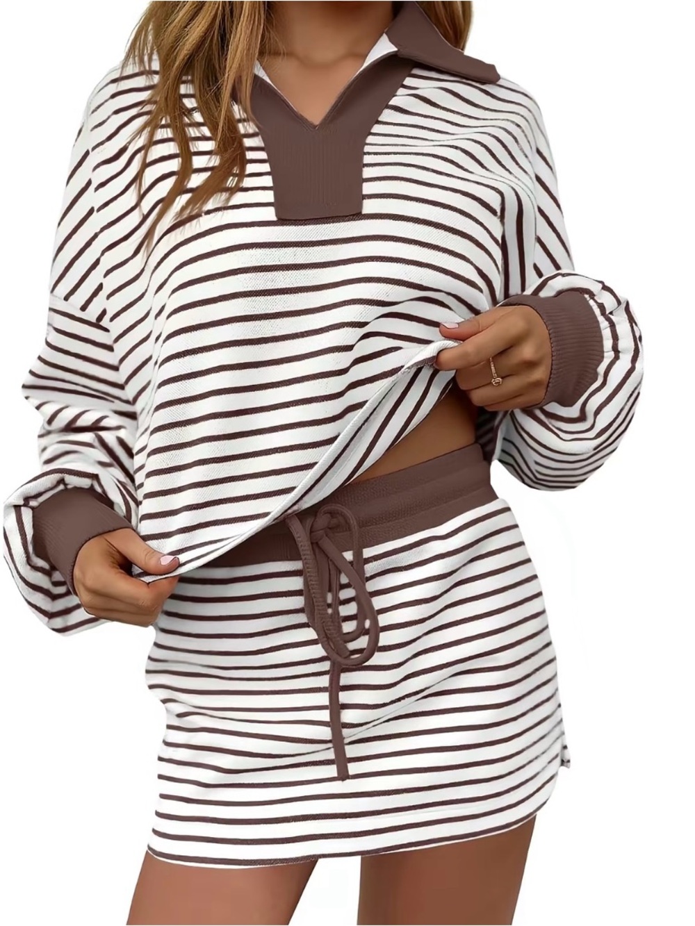 Women’s Fisoew Striped 2 Piece Skort Set Long Sleeve Polo - Size Small New Brown